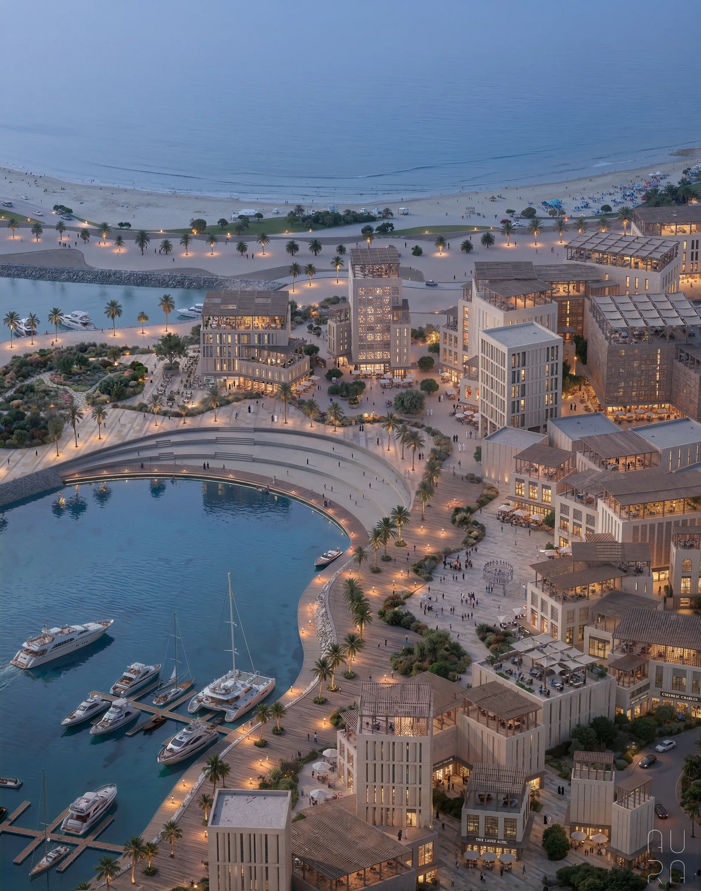 Architectural visualization of Sirrayn Island, Red Sea — twilight aerial view of the marina and curved waterfront promenade surrounded by illuminated mixed-use buildings