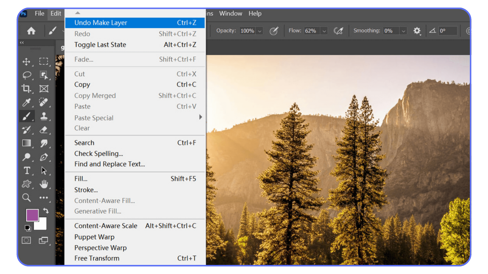 Photoshop Edit menu opened over a landscape image, highlighting the Undo Make Layer shortcut (Ctrl + Z).