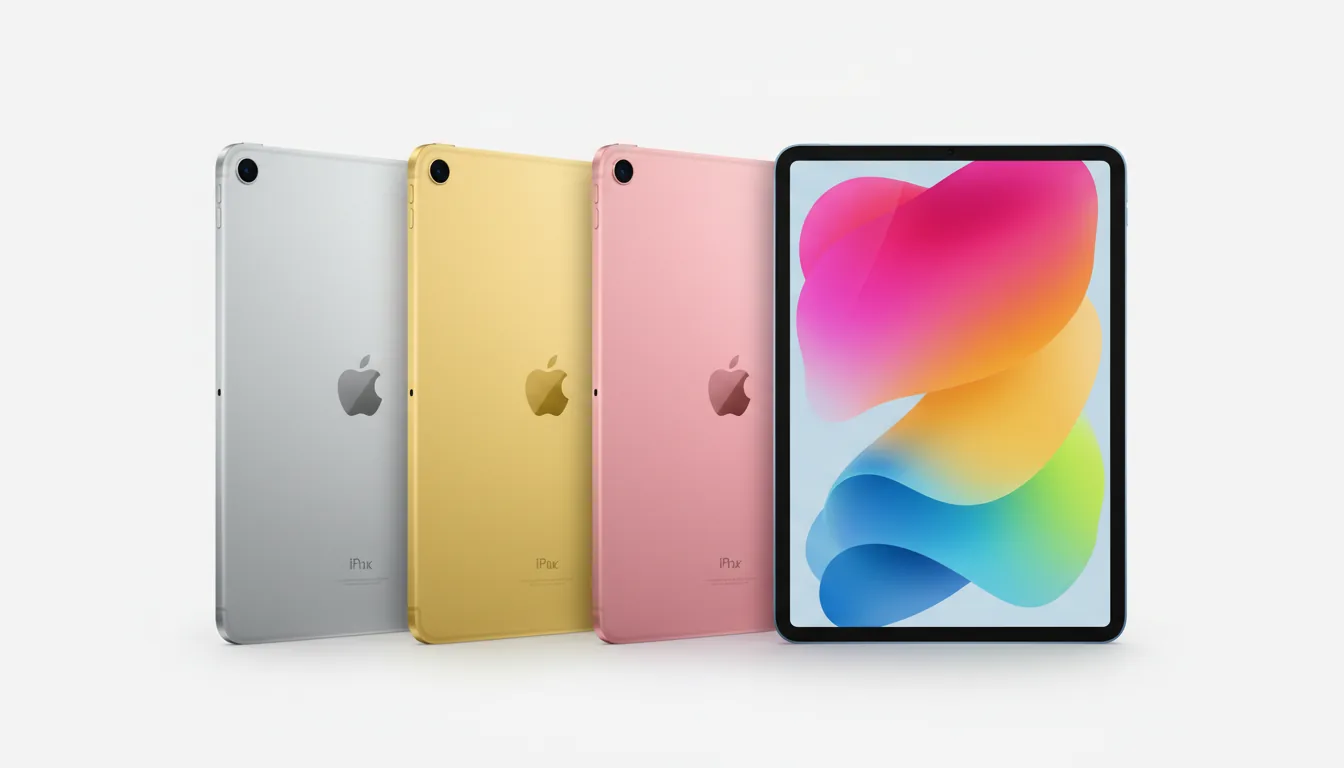 High-end commercial product photography of the Apple iPad (10th generation) lineup, standing vertically in a fanned-out row against a seamless white studio background. The iPads showcase their matte aluminum finishes in silver, yellow, pink, and blue, with their backs to the camera. The front-most blue iPad is turned forward, its screen illuminated with a colorful, abstract wallpaper. The image is captured with soft studio lighting, creating a clean, minimalist aesthetic with sharp focus and hyperrealistic detail.