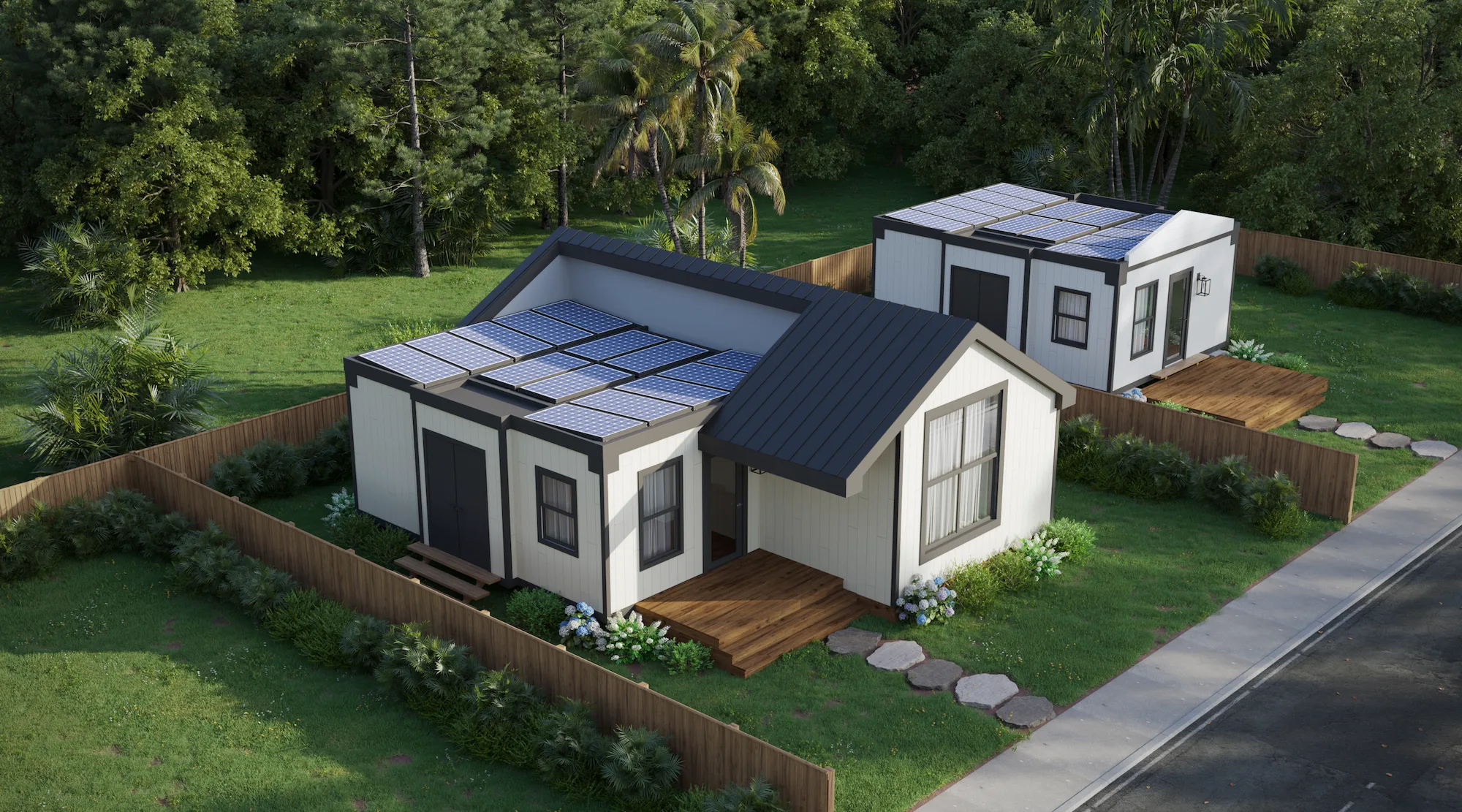 Aerial view of two Mesocore units deployed side by side in a housing community