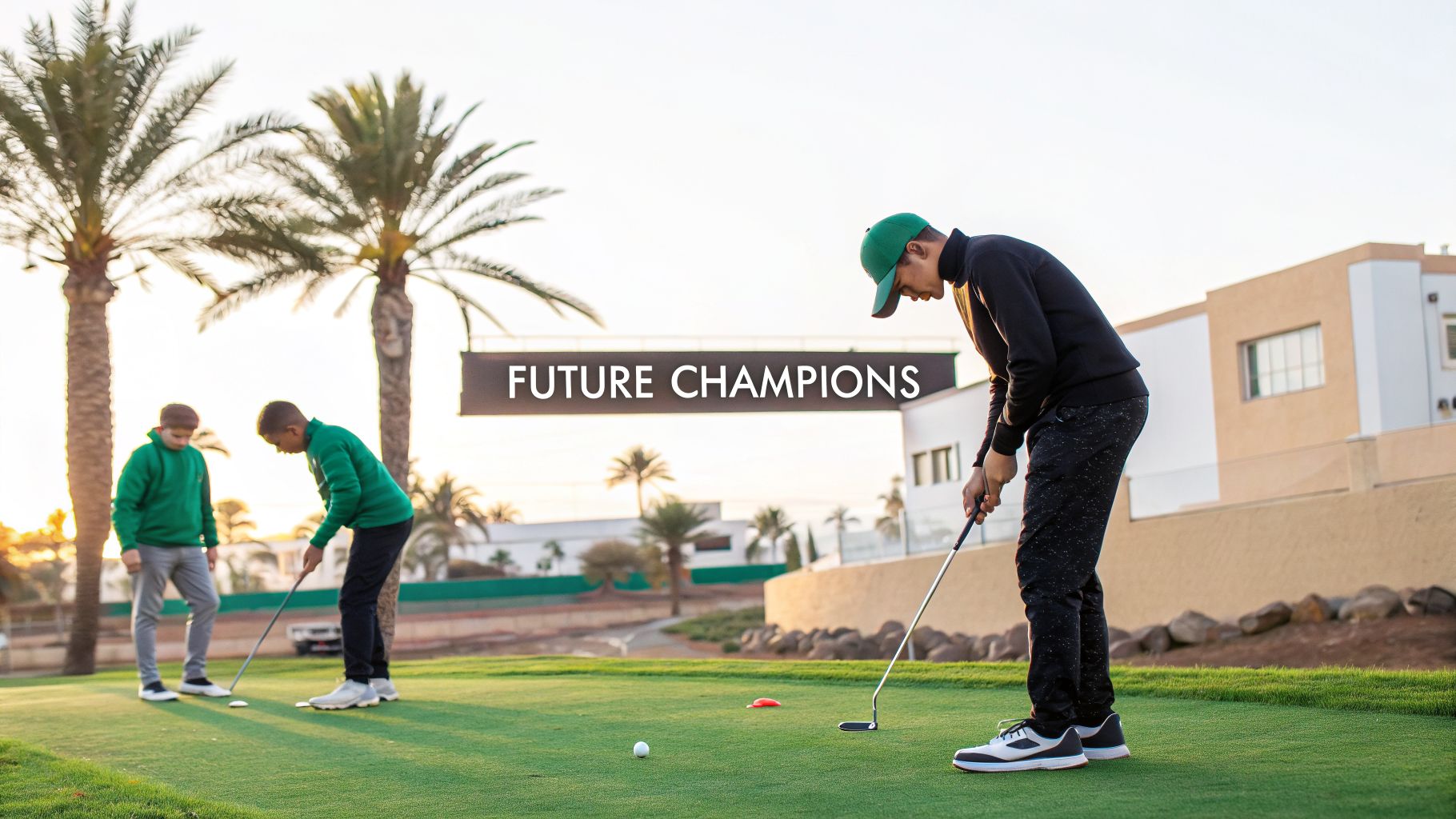 Three young boys practice golf putting on a green with palm trees and a 