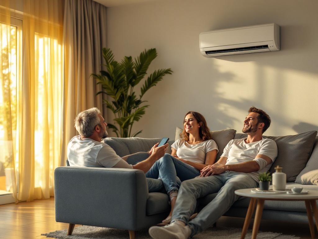 A couple relaxing on a couch in their living room, with a man holding a smartphone. A wall-mounted air conditioner is visible above them.