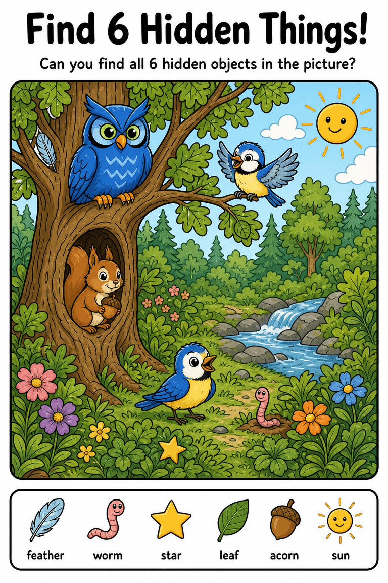 Find 6 Hidden Things printable activity sheet from The Zu Kru