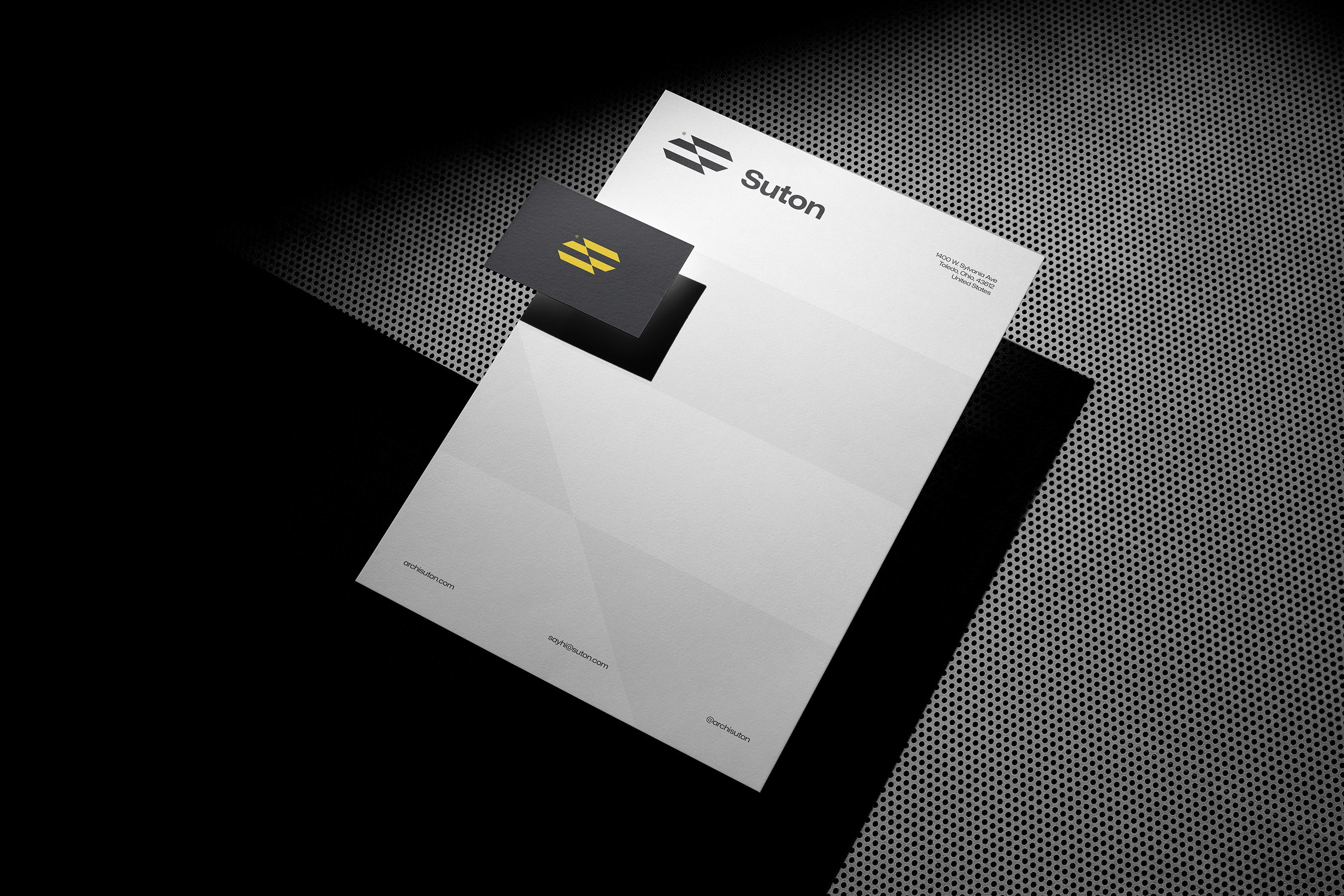 Suton Architecture Company Letterhead And Business Card Floating, Architecture Company Business Card And Letterhead In Use