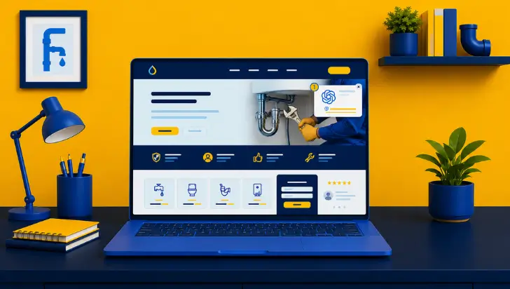 Laptop displaying a plumber company website on a modern desk with yellow and blue decor.
