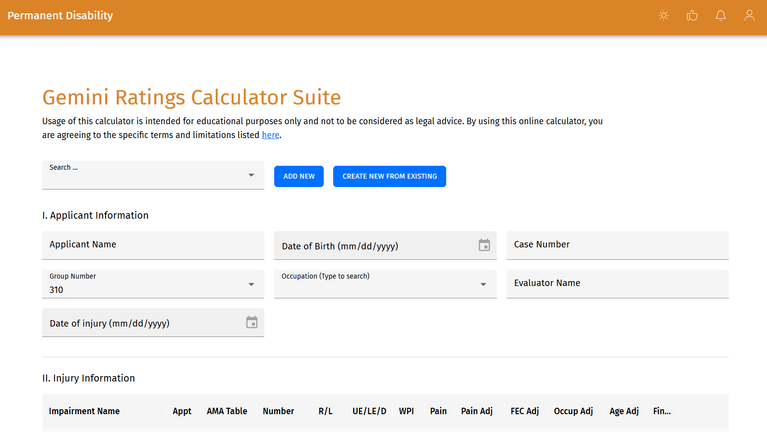 Top level dashboard view of ratings calculator