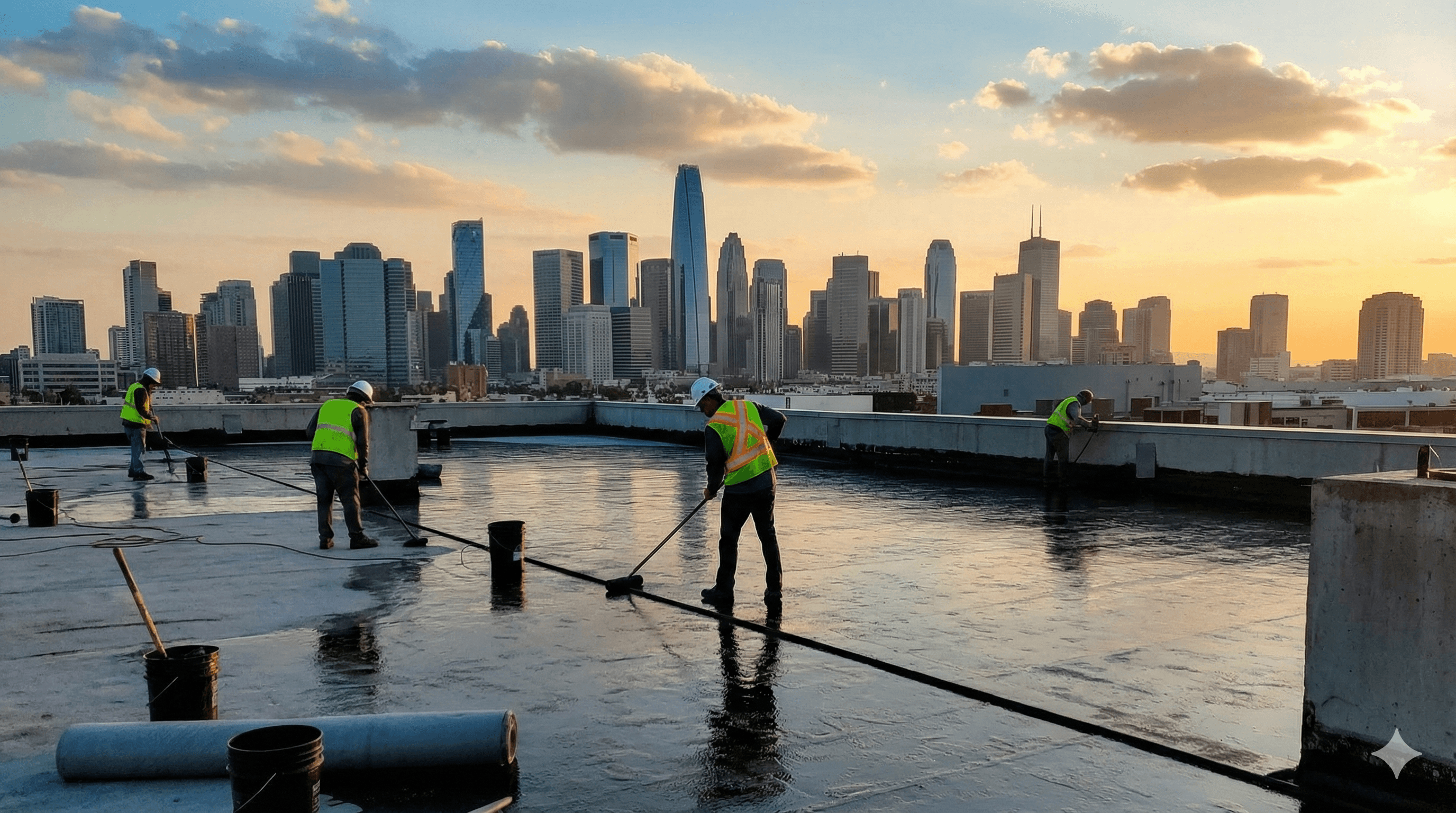專業防水師傅於天台進行防水工程及施工，塗抹防漏物料解決屋頂漏水問題，背景為繁華城市景觀。
