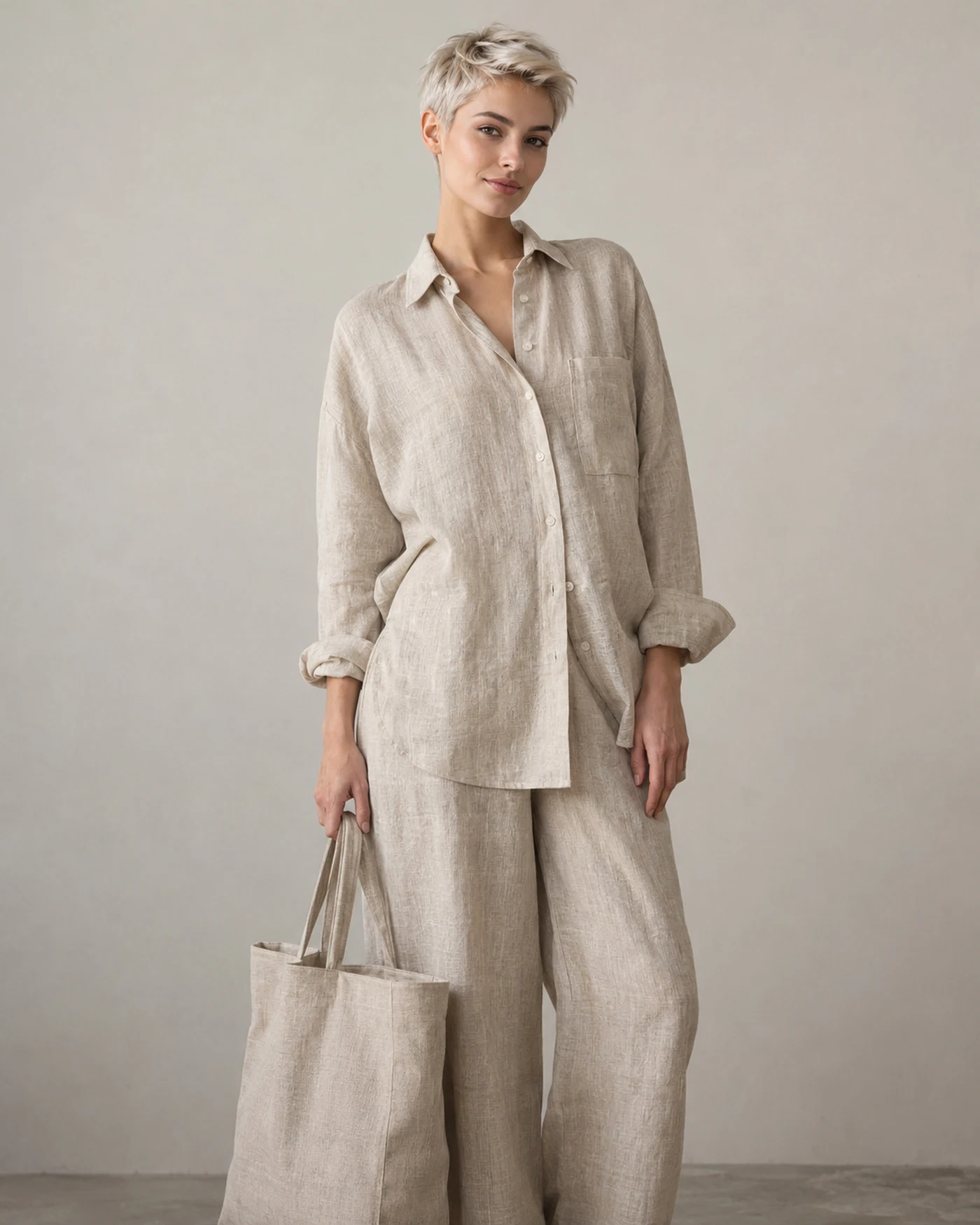 Woman with short platinum hair in an oat linen shirt holding the natural linen tote