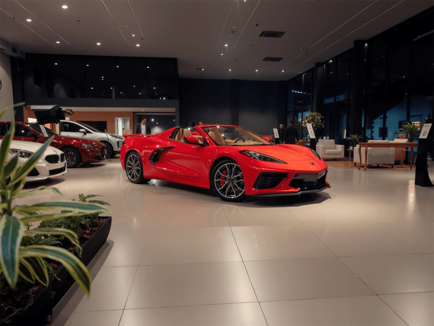 Two people in a workshop, one standing and smiling while the other leans over a car, working on it.