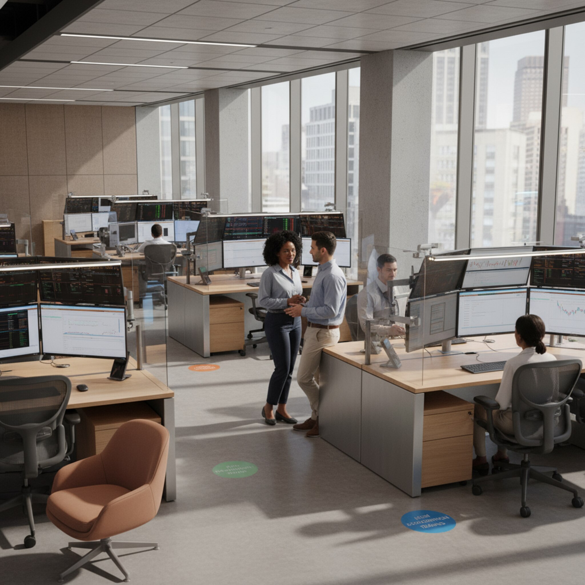 Ein heller Bereich eines Trading-Floors zeigt klar abgegrenzte Inseln mit unterschiedlichen Platzarten. Kleine farbige Markierungen kennzeichnen spezielle Zonen. Zwei Mitarbeitende tauschen sich kurz aus und deuten auf einen Bereich mit höherer Konzentration. Die Szene wirkt strukturiert, ruhig und leistungsorientiert. Klare Linien sorgen für Orientierung.