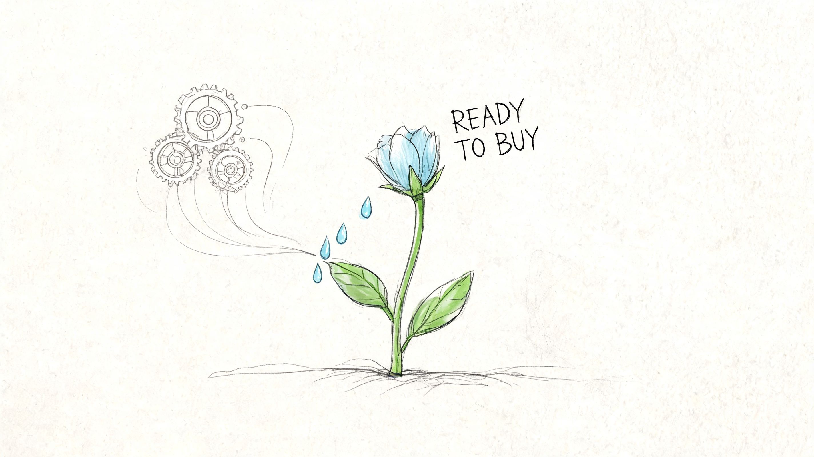 A digital illustration showing gears watering a blooming flower with the text Ready to Buy nearby.