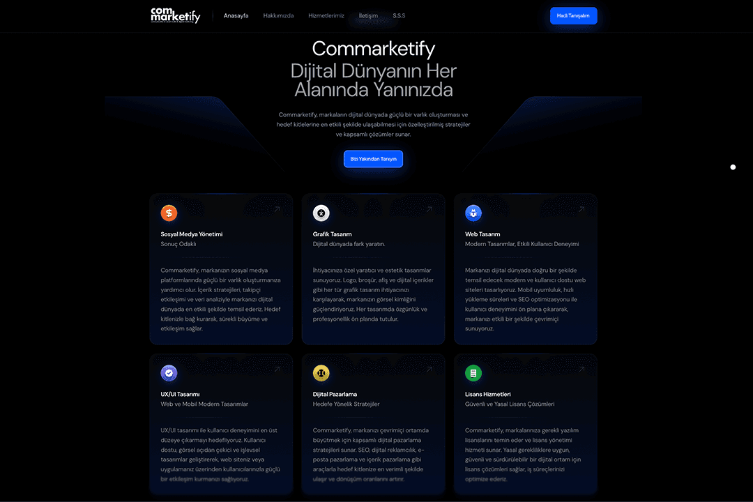 Commarketify ajans hizmetleri sayfası Framer web tasarımı