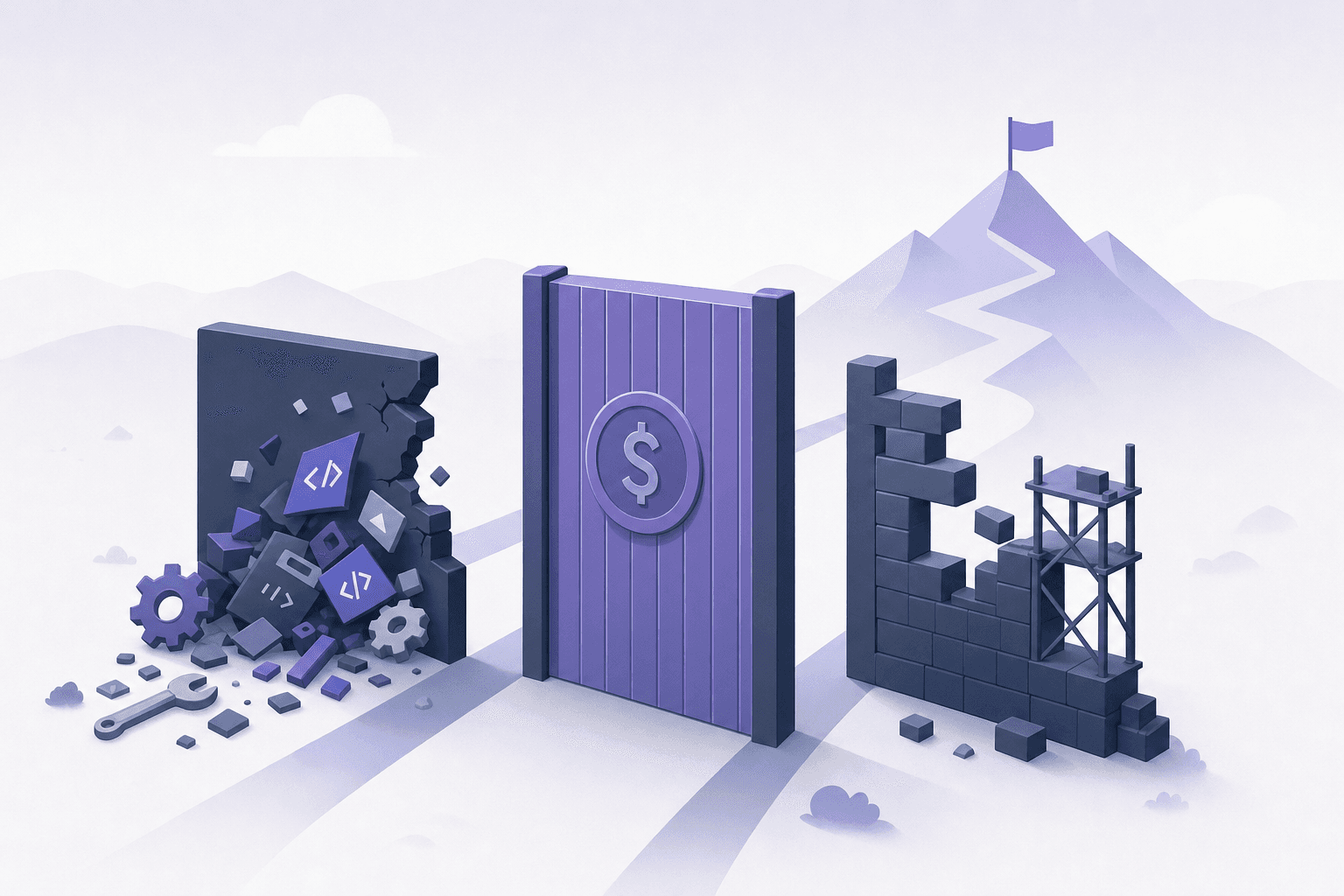 A conceptual illustration showing three distinct barriers or obstacles blocking a pathway. The first barrier represents incomplete engineering resources with scattered code symbols and tools. The second barrier shows a tall paywall or pricing gate with a dollar sign symbol. The third barrier depicts a half-built or fragmented structure representing partial implementation. The style should be modern, minimalist, and professional with a muted color palette of blues, grays, and purples. No text, words, or letters should appear in the image.