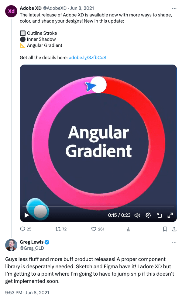 I posted a comment under XD's twitter announcment: Guys less fluff and more buff product releases! A proper component library is desperately needed. Sketch and Figma have it! I adore XD but I’m getting to a point where I’m going to have to jump ship if this doesn’t get implemented soon.
