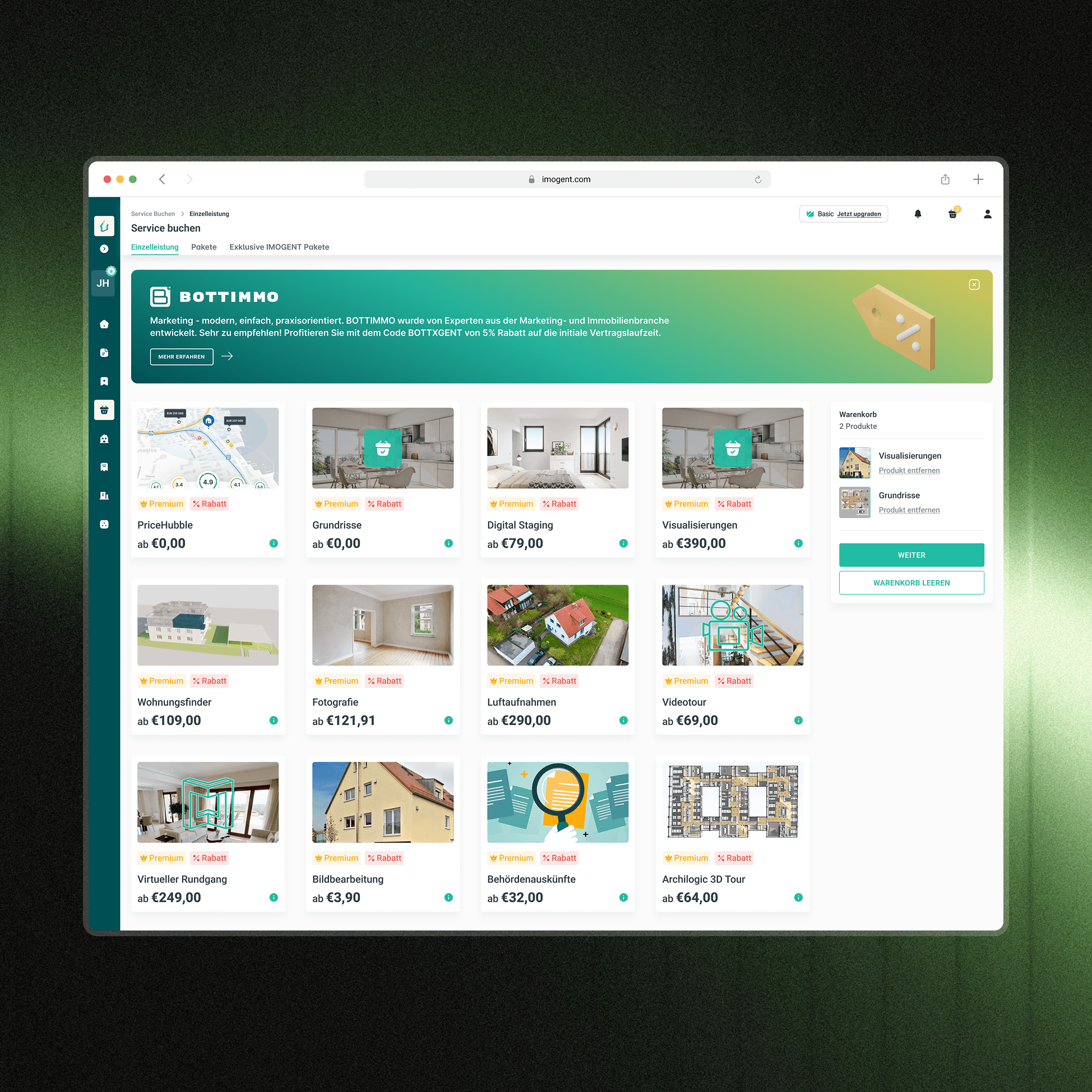 A computer screen displaying a website with diverse real estate listings, showcasing property images, details, and pricing in a grid layout, all against a backdrop of a green abstract pattern.