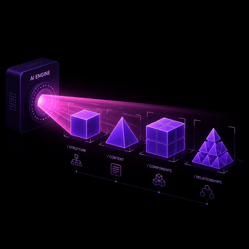 A minimalist digital illustration representing technical AI-readiness. A series of clean, glowing violet geometric shapes are being scanned by a soft magenta light beam.