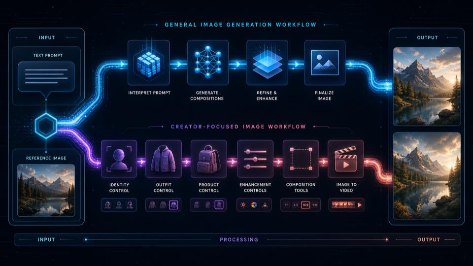 General AI image generation workflow compared with the APOB creator-focused image workflow