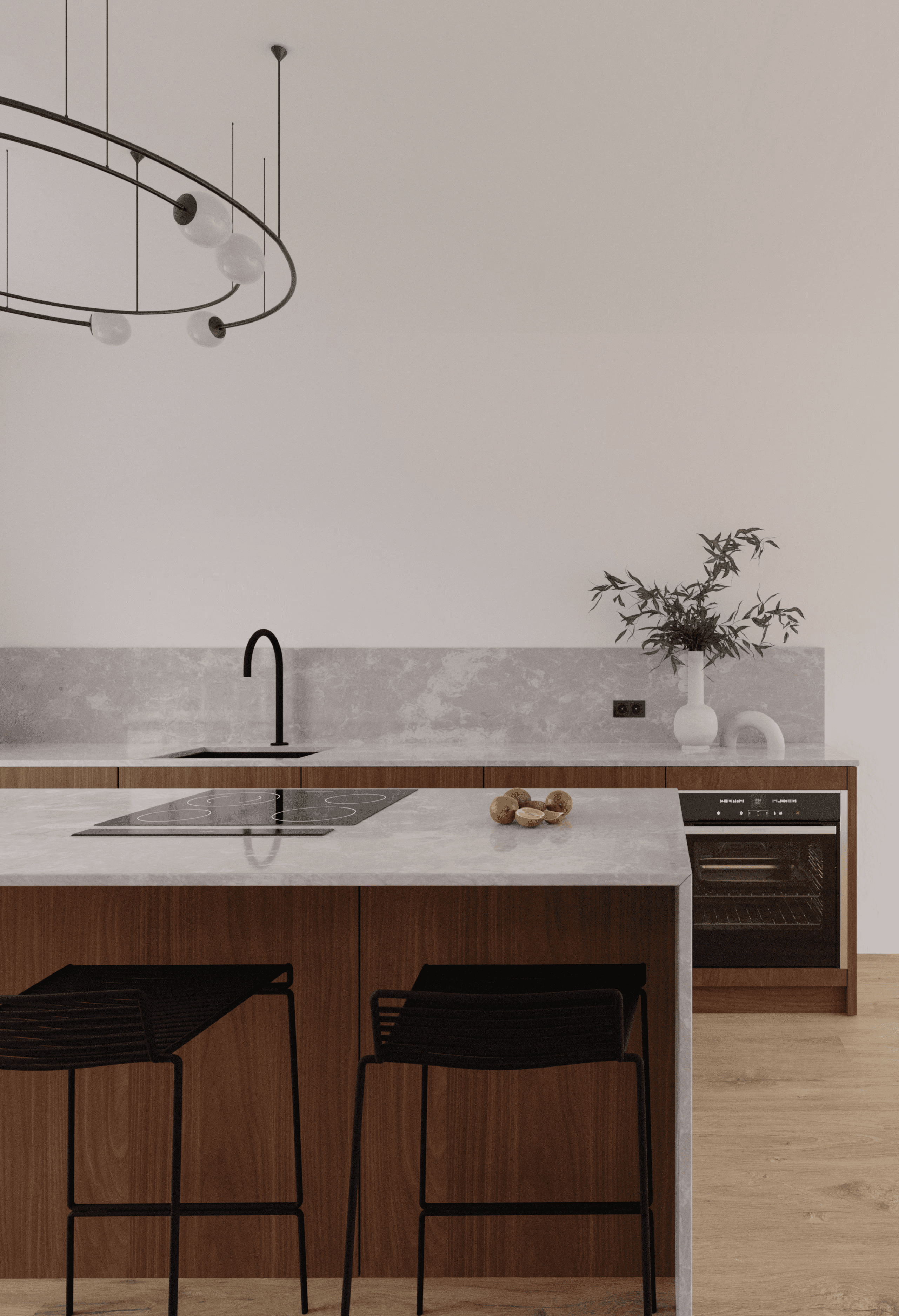 Rendu 3D cuisine contemporaine avec plan de travail en marbre, îlot en noyer et luminaire anneau — Aure Moukala