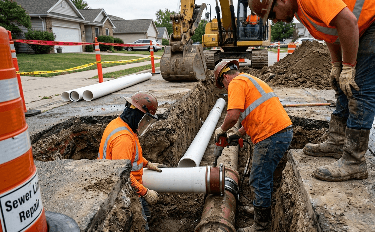 Crew installing new sewer line pipe during underground repair work