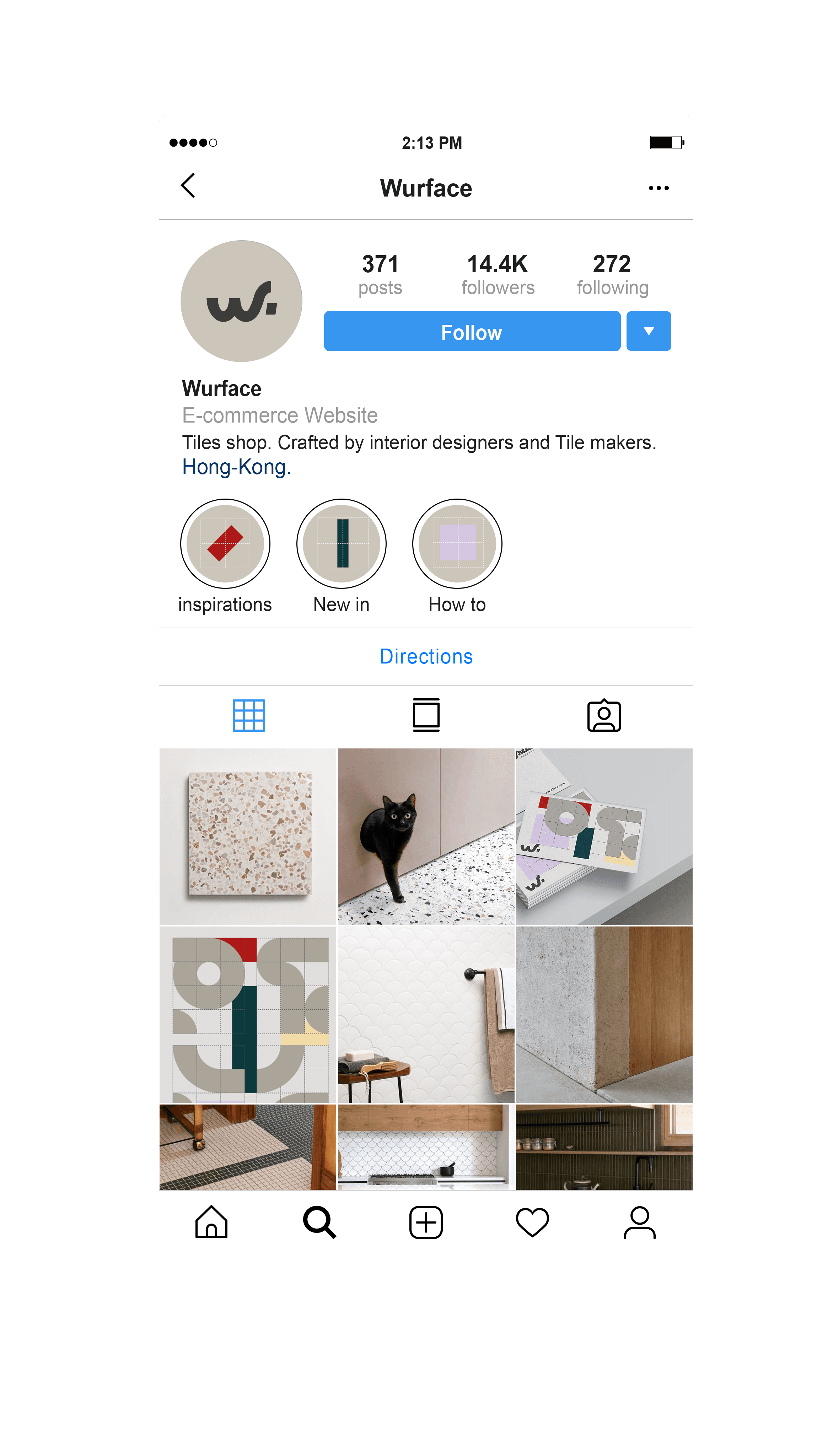 Instagram grid preview showing Wurface’s modular tile-inspired visual identity applied across posts designed by Josephine Grenier.