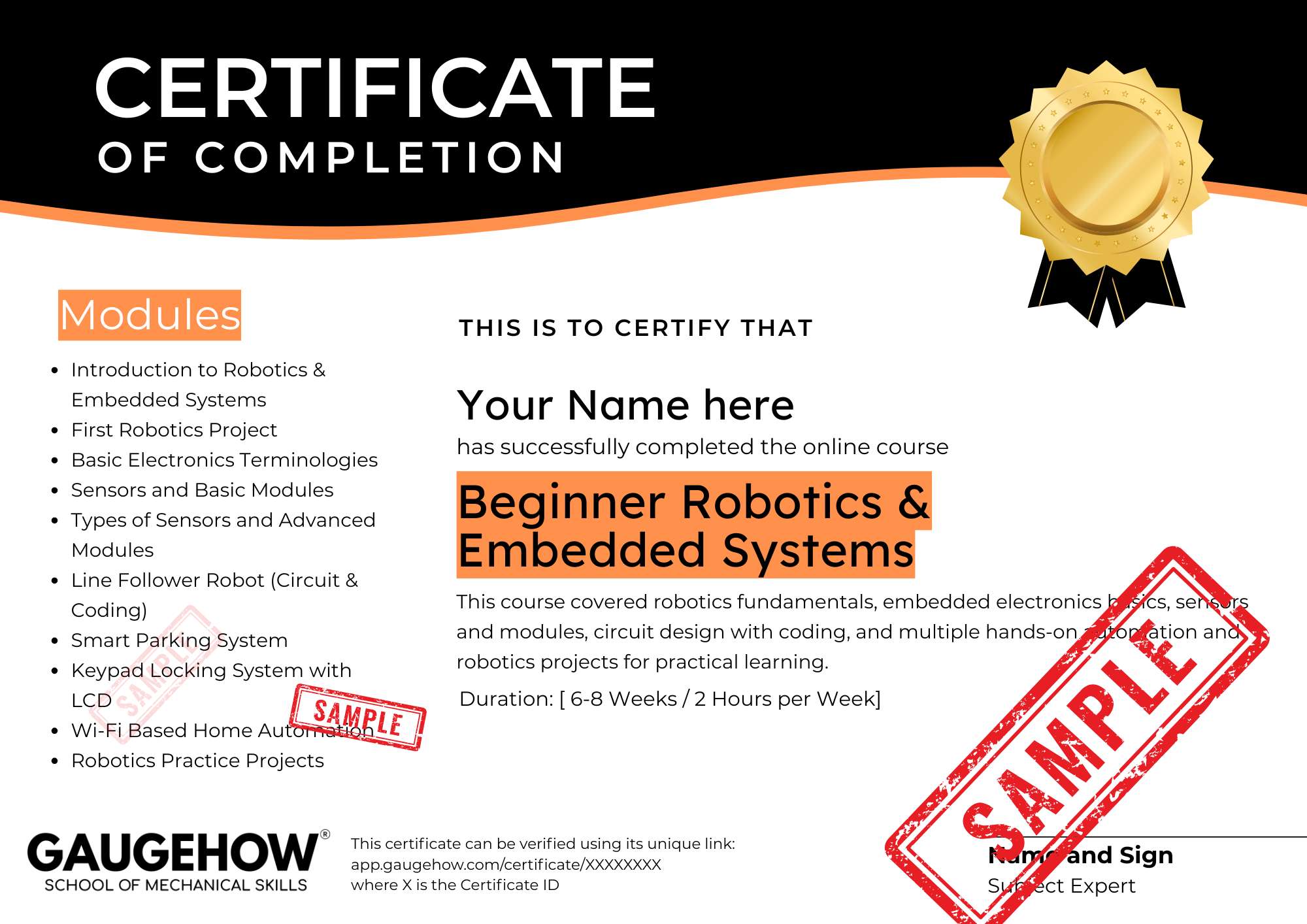 robotics course certificate
