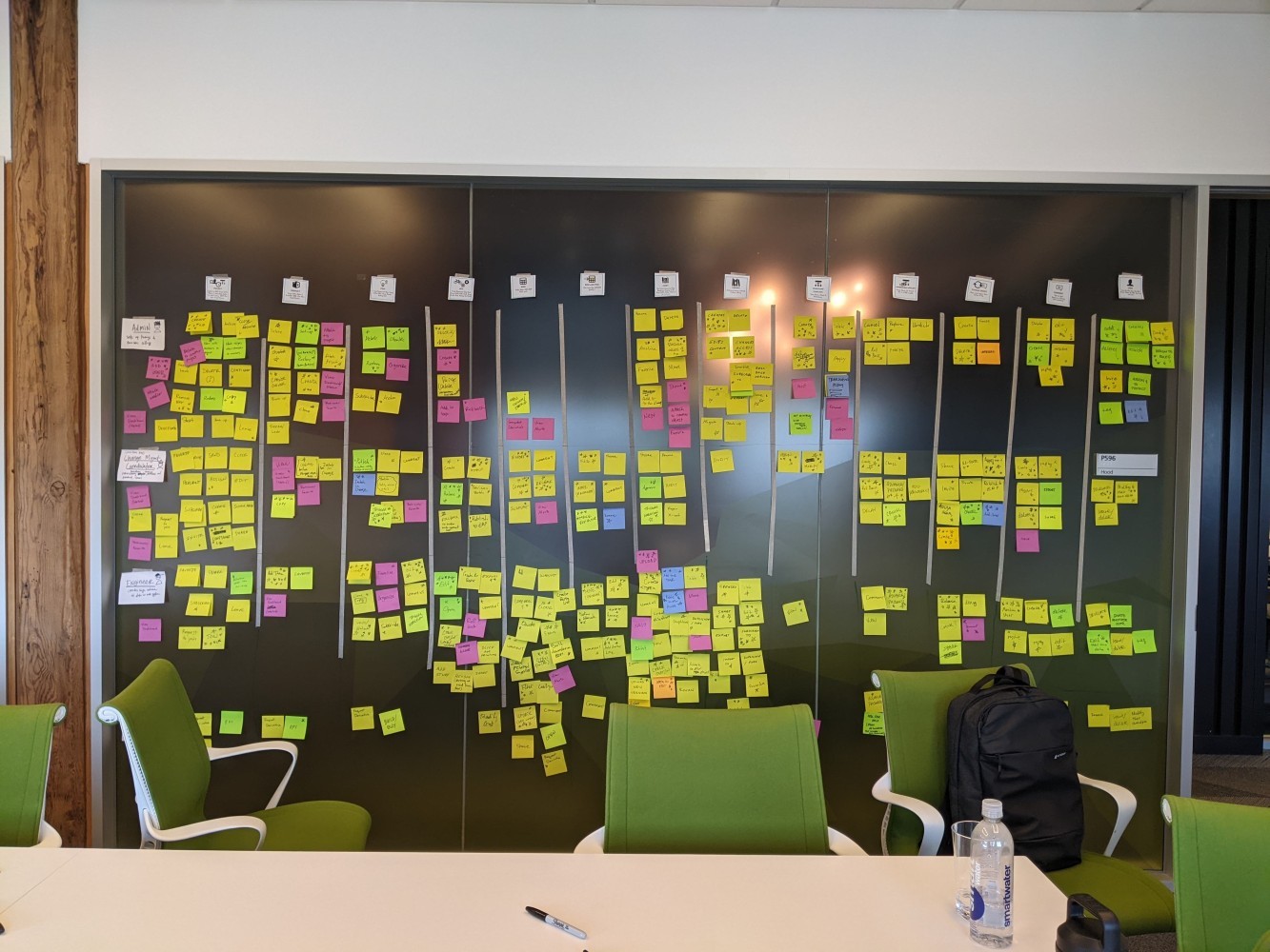 A large CTA Matrix created during a UX workshop covers a dark glass wall, with hundreds of yellow, pink, green, and blue sticky notes organized into columns beneath object labels. Green chairs and a conference table sit in the foreground.