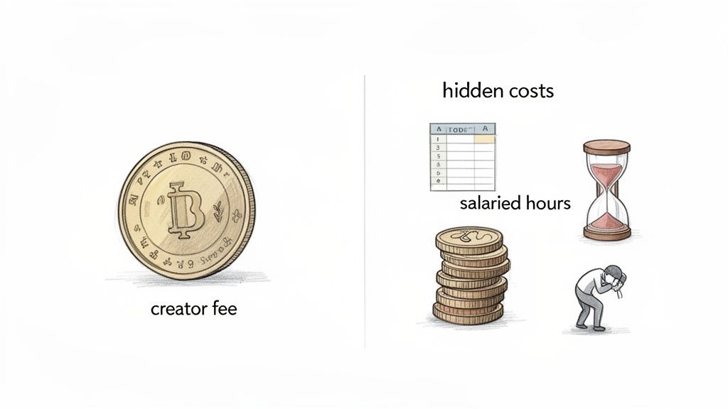 An image contrasting a single creator fee coin with hidden costs like spreadsheets, time, and distressed salaried hours.