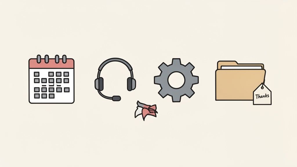 Icons of a calendar, headset, gear, and a folder with a 'Thanks' tag, symbolizing farewell and gratitude.