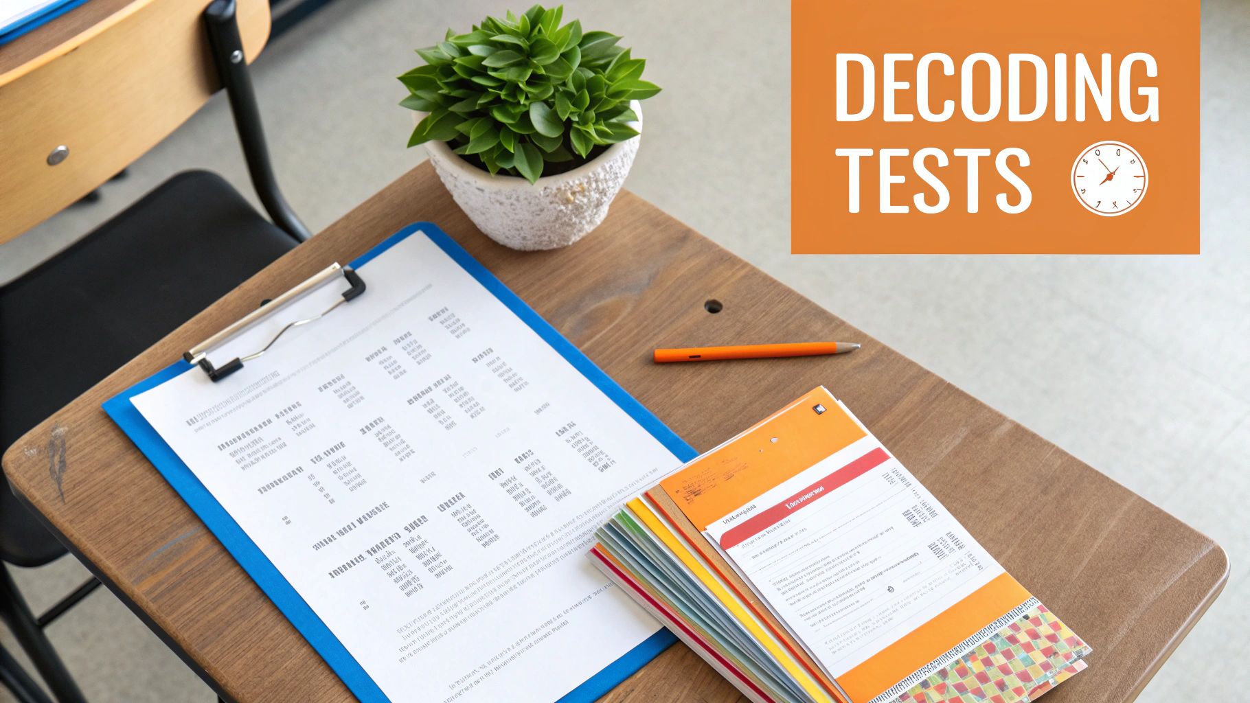 A student's wooden desk featuring a clipboard with a test, a plant, pencil, and stack of books, with 'Decoding Tests' text.