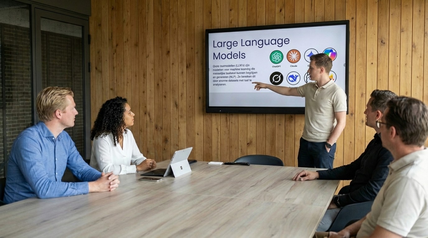 Een trainer geeft een presentatie over large language models tijdens een AI-training, terwijl vier deelnemers aan een vergadertafel aandachtig naar een scherm kijken waarop verschillende AI-logo’s en uitleg te zien zijn.