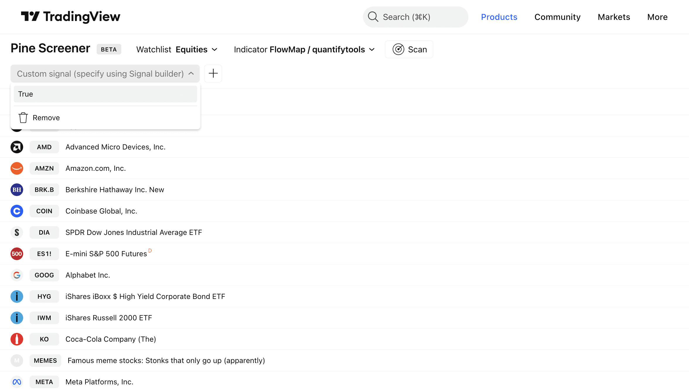 Illustration showing how toggle on market scan conditions with FlowMap using TradingView's PineScreener.