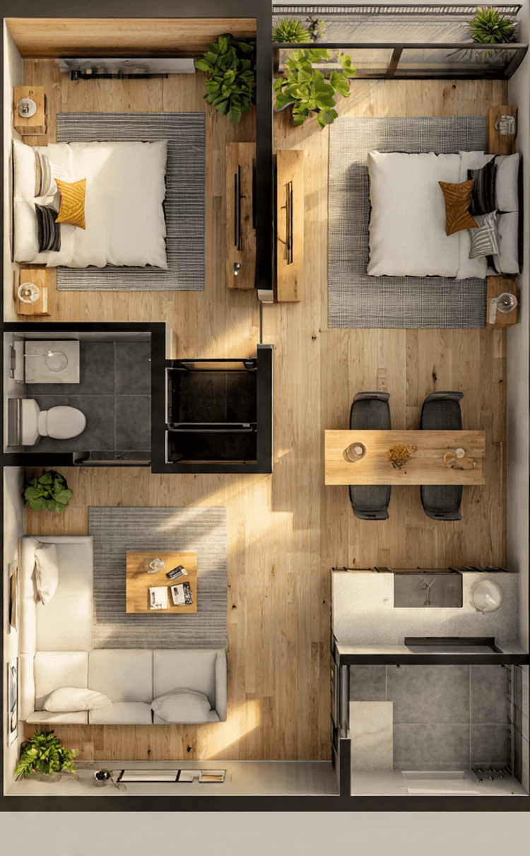 Overhead view of a modern apartment floor plan featuring two bedrooms with wooden floors and beds with decorative pillows. The living area has a white sofa and coffee table, next to a small dining area with a wooden table and chairs. A compact kitchen lies adjacent, with a bathroom located near the entrance. Interior plants add a touch of nature.