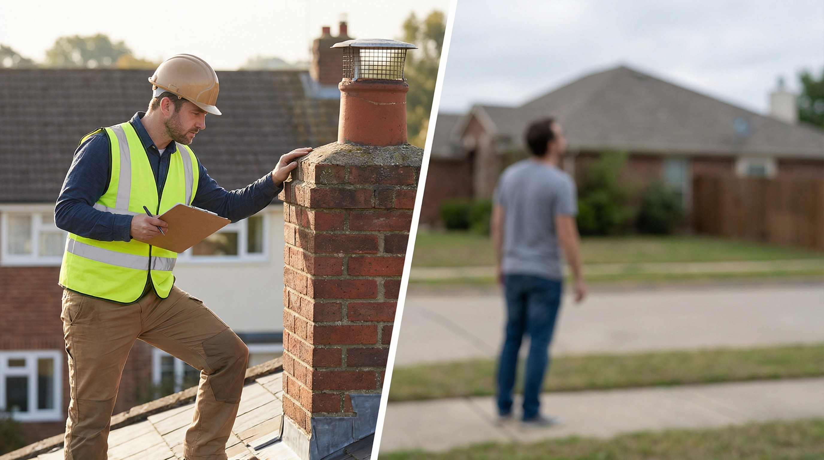 Comparison between a professional roofing contractor with credentials and a suspicious unverified worker.
