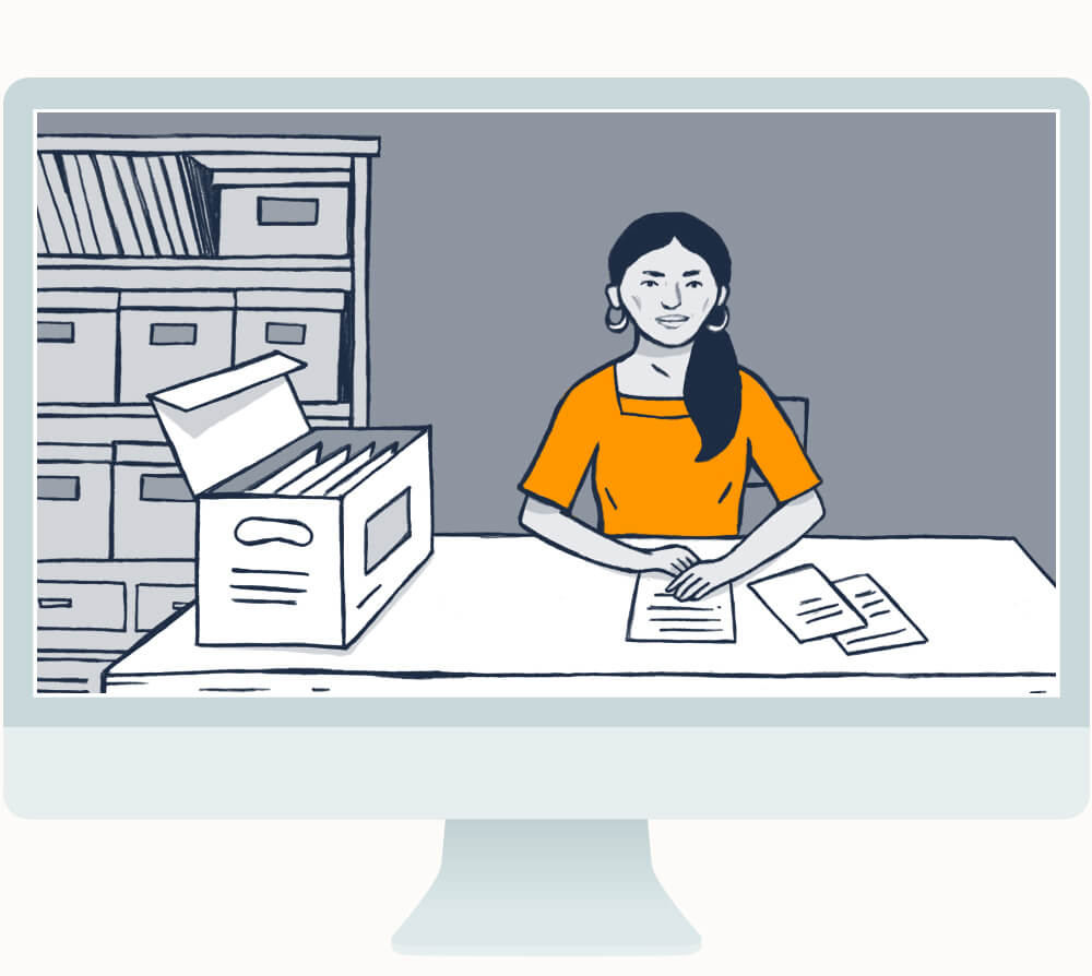 Illustration einer Frau am Tisch mit Karton und Papieren