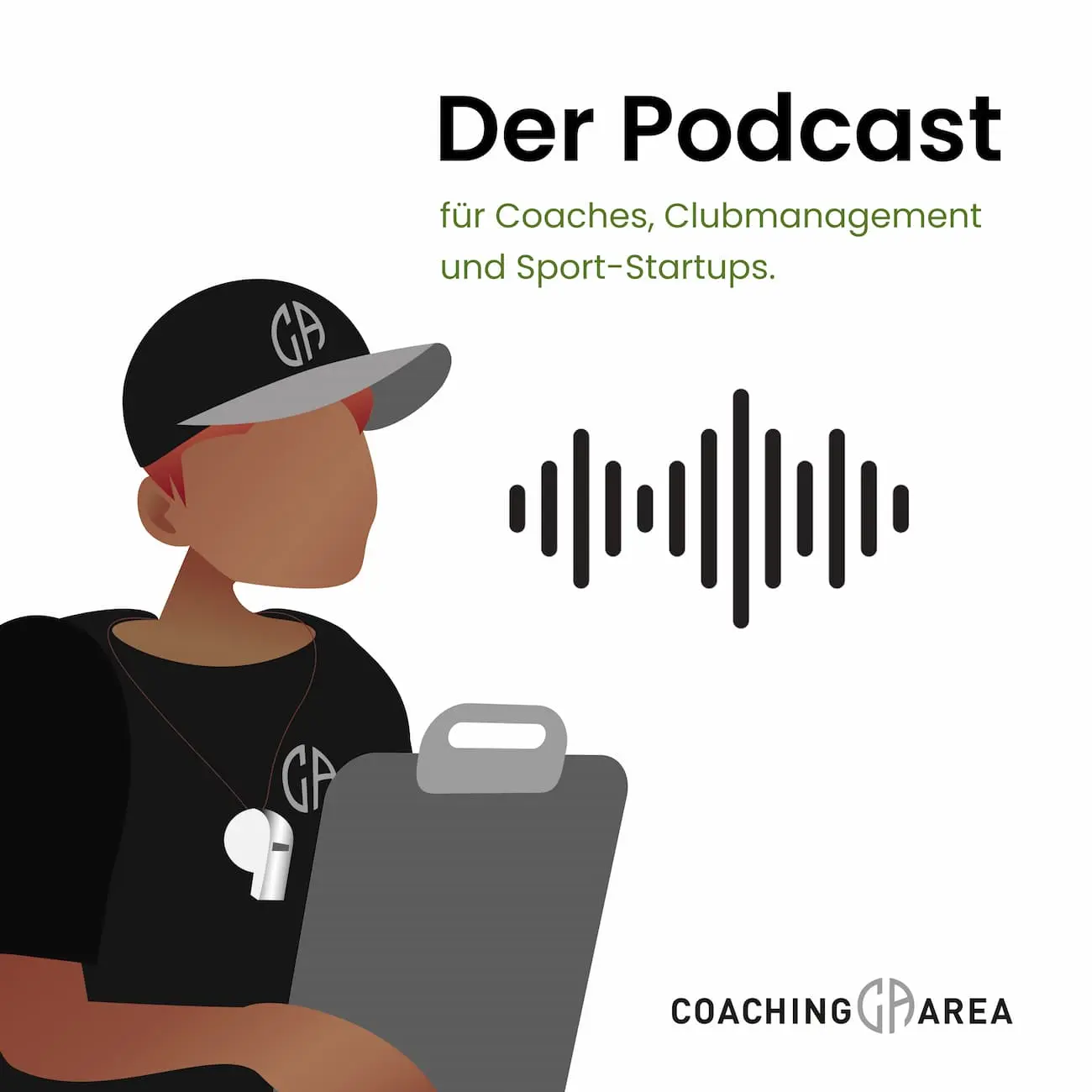 CoachingArea's podcast cover shows an animated figure of a male coach with a clipboard, standing next to a sound wave symbol, framed by the text ‘The Podcast for Coaches, Club Managers and Sports Startups’. This podcast offers valuable insights and discussions on current topics, trends and innovations that are shaping the future of the sports industry.