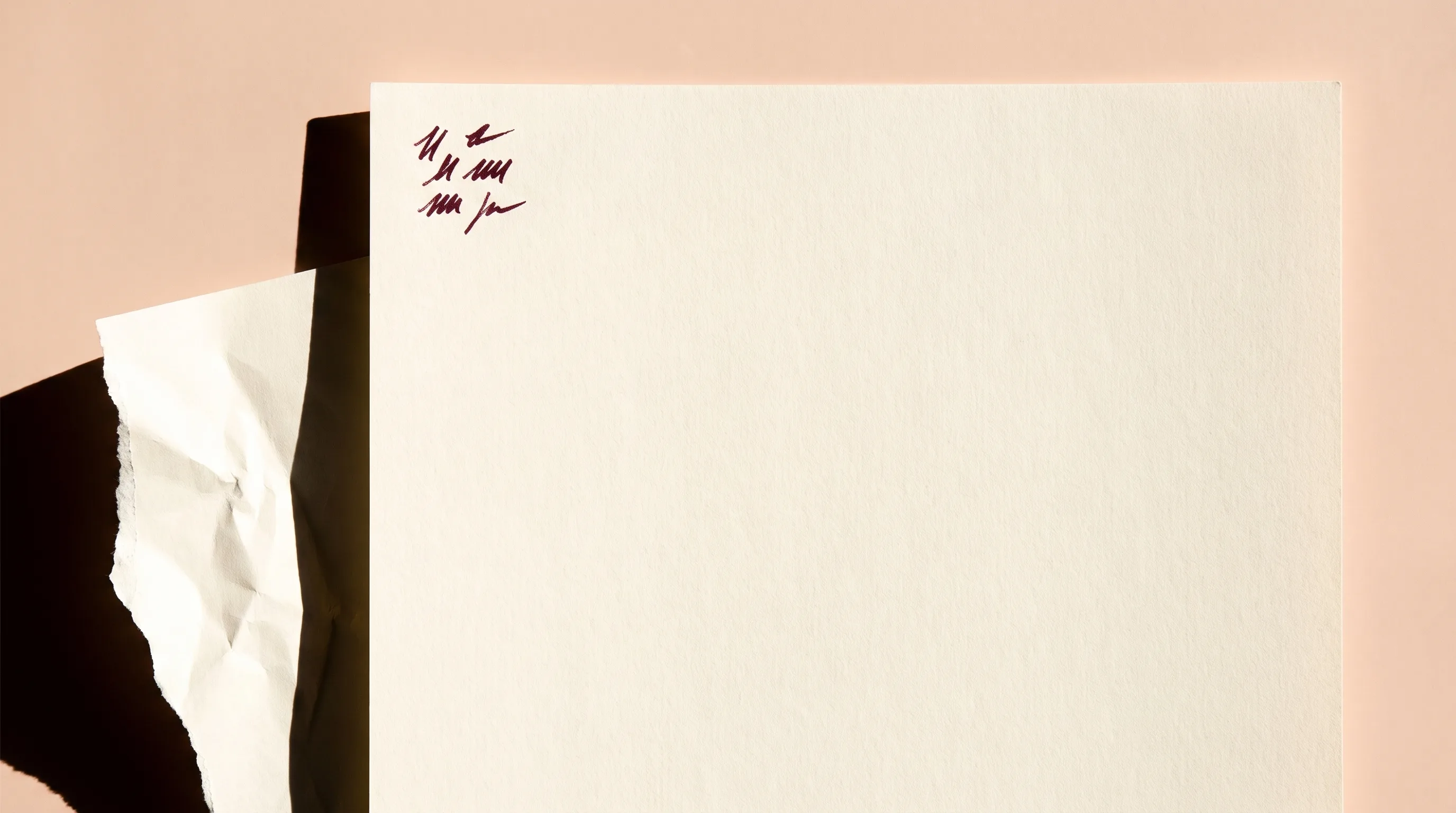 A single sheet almost entirely blank, with a small cluster of ink marks in one corner and the torn-off remainder lying in shadow beside it