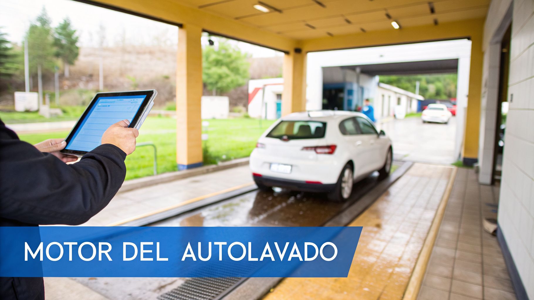 Persona operando una tableta con vista a un moderno túnel de lavado automático y un coche blanco.