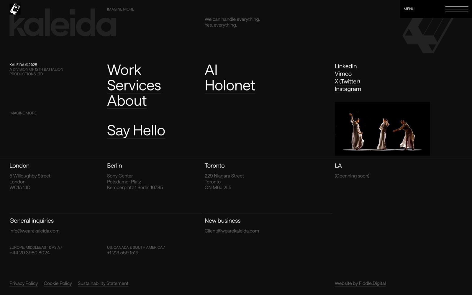 Black footer with kaleida logo, navigational links including Work, Services, About, and social media. Locations listed for London, Berlin,...