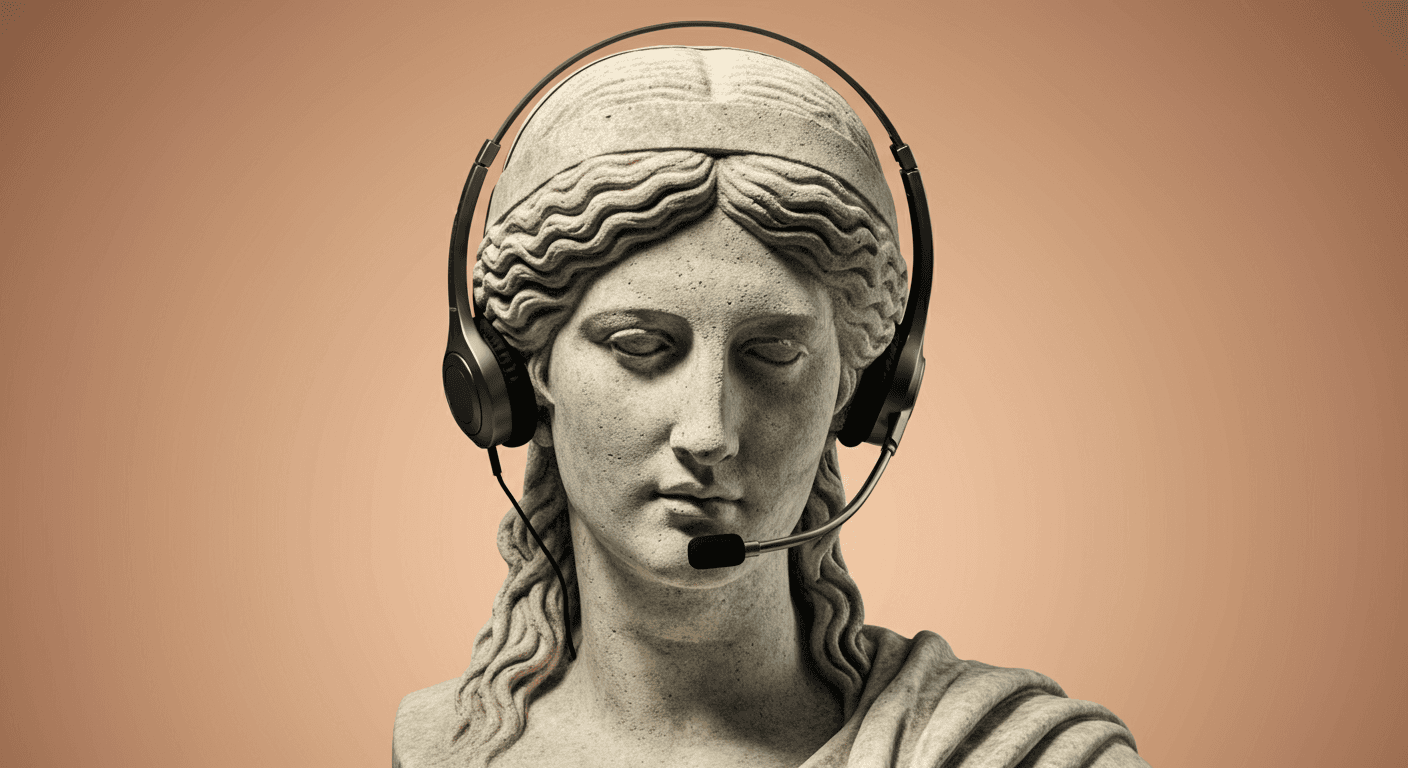 A roman statue with a sales headset on