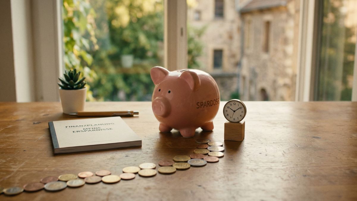 Sparschwein mit Uhr-Symbol auf einem Schreibtisch — Zeitwert-Sparkonto	