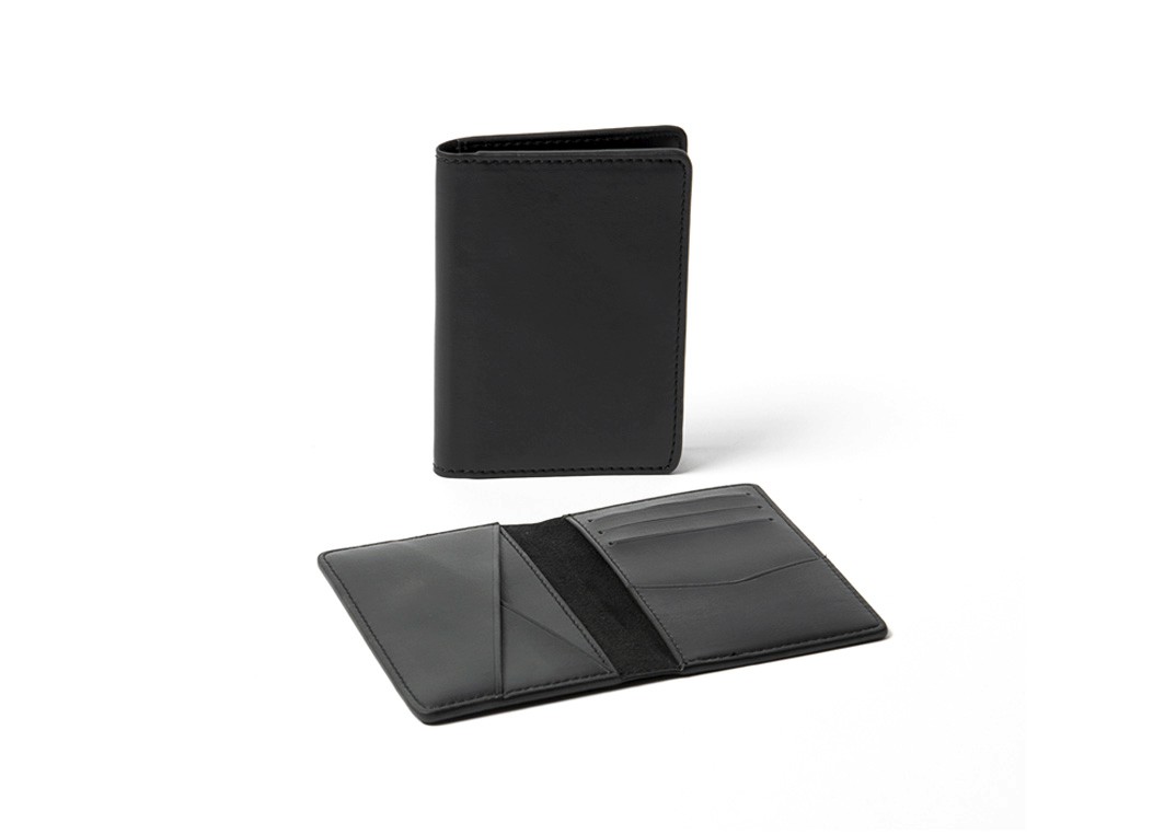 A composite view showing the wallet closed and standing upright, alongside the same wallet lying open to reveal the interior.