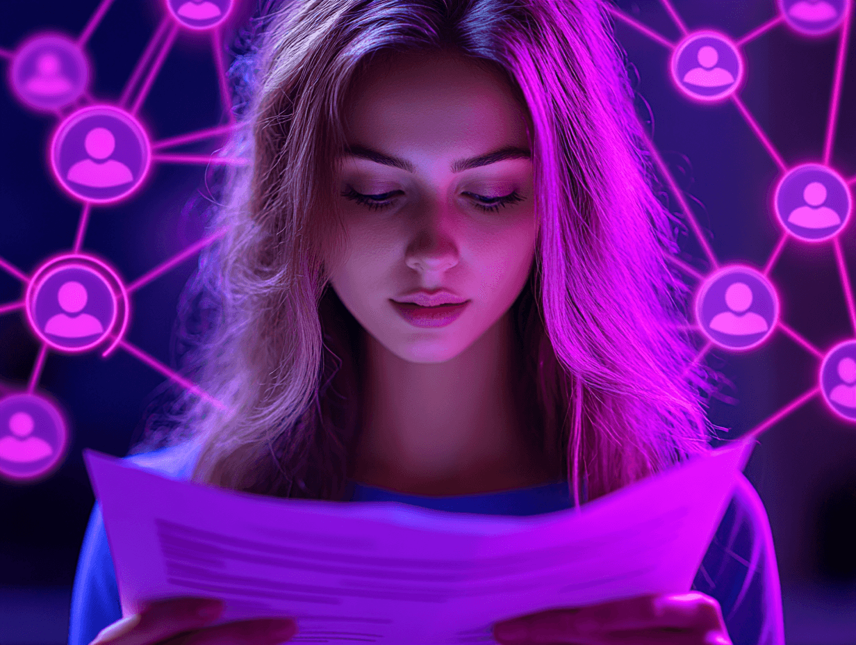 Frau umgeben von Illustration des Personals