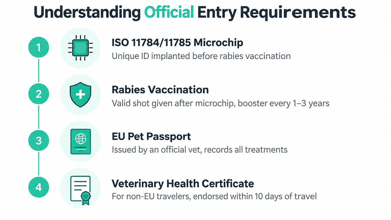 A checklist infographic outlining the four official entry requirements for traveling with pets to the EU.