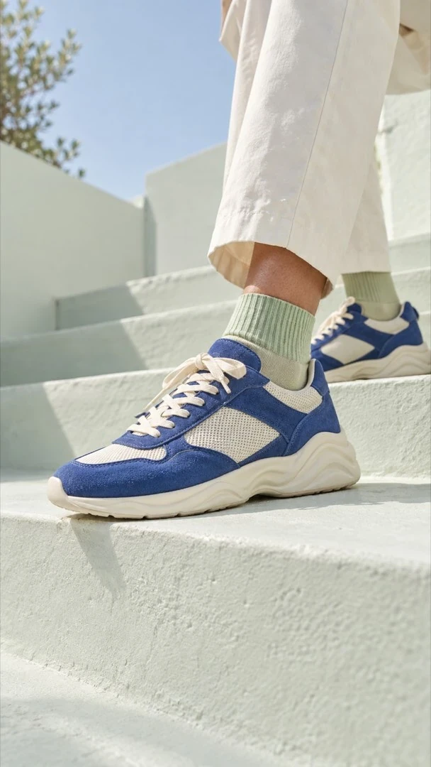 Cobalt suede trainers with sculptural cream soles, worn with pistachio socks on sunlit mint steps