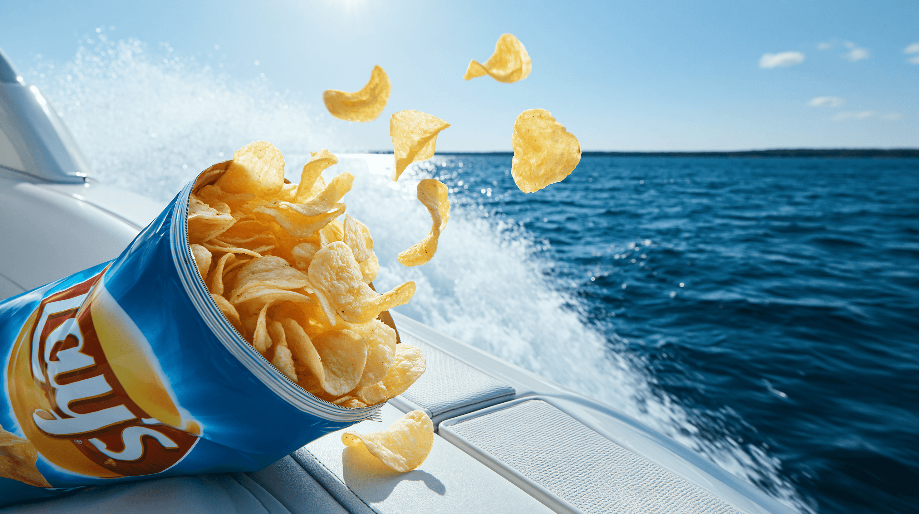 Bag of lays chips flying into the lake.