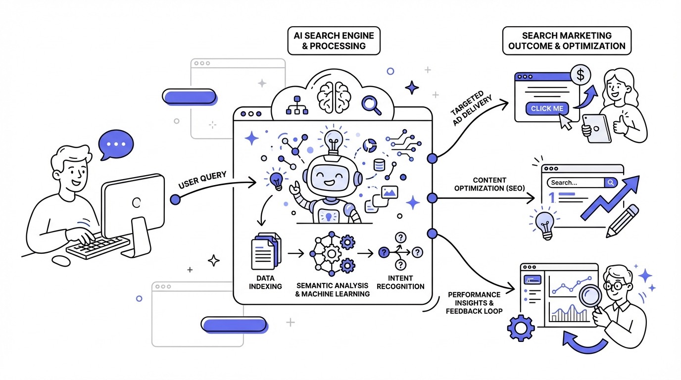 Diagram illustrating Illustrating the AI Search Marketing process: user