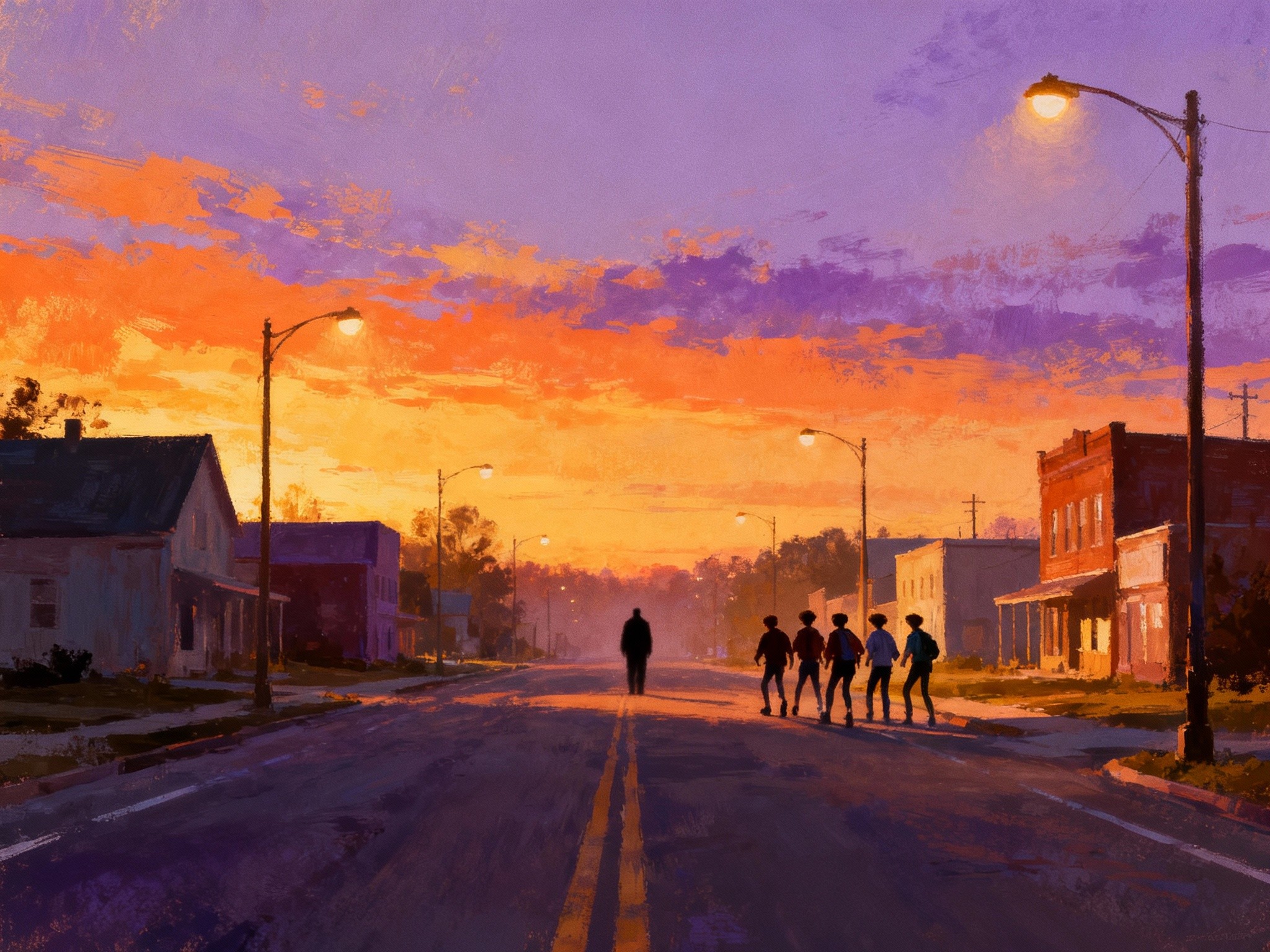 An expansive scene set in a retro 1980s small-town street at dawn, featuring a group of teenagers