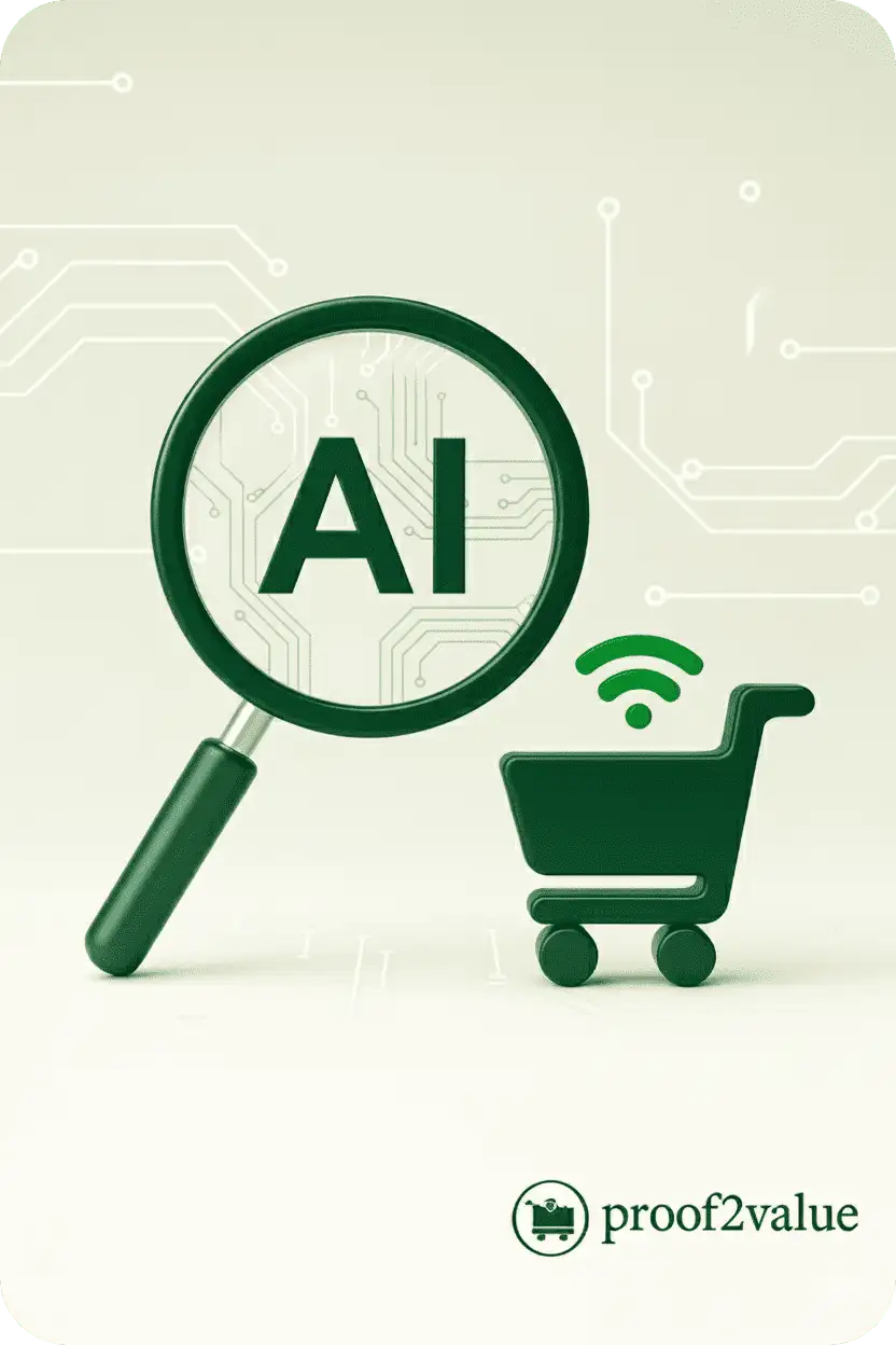 AI magnifying glass and shopping cart icon representing AI Commerce Visibility for EU e-commerce brands.