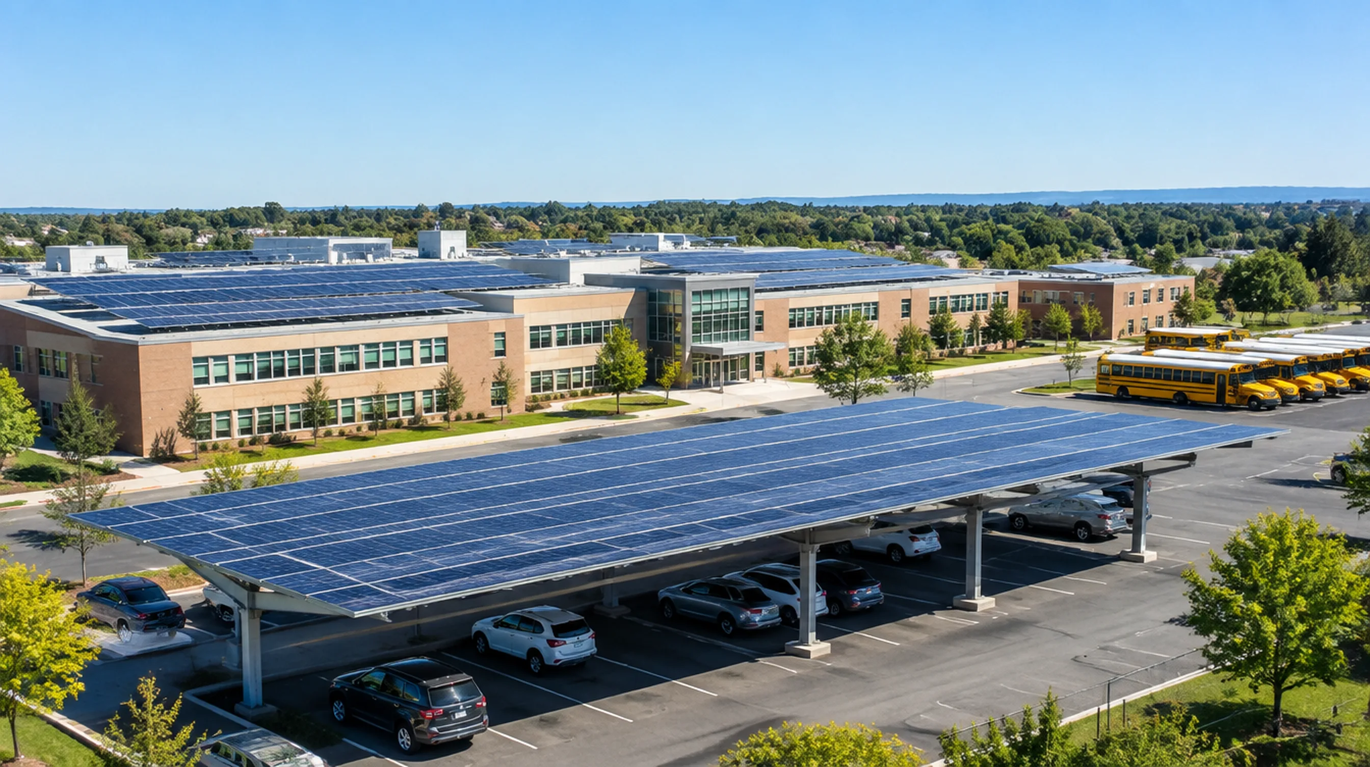 Public school with a rooftop solar array and solar carport over the parking lot, school buses nearby
