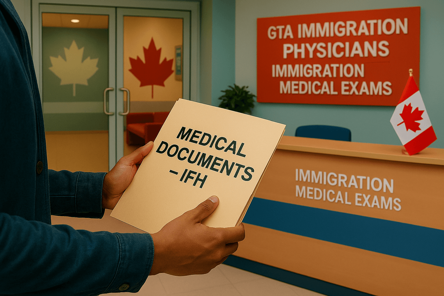 “A photo-realistic scene inside a Canadian panel physician clinic showing refugee IFH medical documents in hand, illustrating the immigration medical process and immigration exam in a welcoming setting